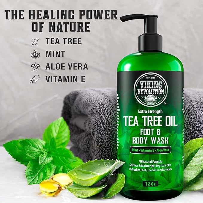 Viking Revolution Men's Tea Tree Oil Body Wash (12 Fl Oz Each 2 Pack) and Soap Bag with Drawstring (5.9x3.7 1 Piece) - Helps Athlete's Foot Toenail Jock Itch Eczema Ringworm &amp Body Odors