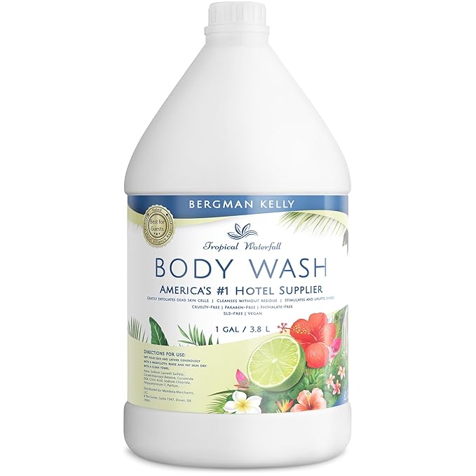 BERGMAN KELLY Refill Gallon Size Body Wash (128 fl oz Tropical Waterfall Scent) Delight Your Guests with an Invigorating and Refreshing Body Wash Quality Guest Hotel Toiletries in Bulk