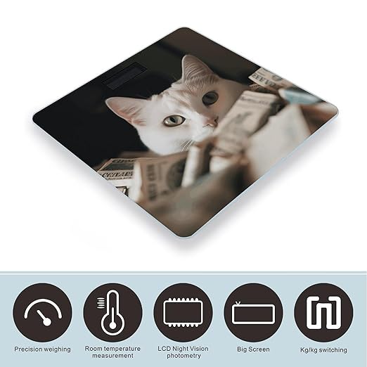 White Cat and Pile of Dollars Scale for Body Weight Digital Bathroom Scale Accurate Smart Weight Scales with Large Display Weighing Machine High Precision Scales