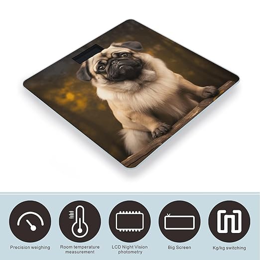Pug Dog Bathroom Scale Rounded Smart Scale for Body Weight Automatic Power On/Off Weight Scales Accurate Bathroom Digital Scales for Pet Home Bedroom Kitchen