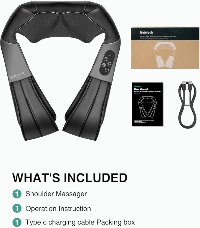 Nekteck Cordless Shiatsu Neck and Back Massager with Soothing Heat Rechargeable Electric Deep Tissue 3D Kneading Massage Pillow for Shoulder Leg Body Muscle Pain Relief 3 Speed Intensities