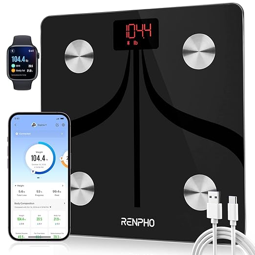 RENPHO Smart Scale for Body Weight Type-C Rechargeable Digital Bathroom Scale Electronic 13 Body Composition Monitor with Smartphone App 400 lbs Black Elis 1 (11 inch)