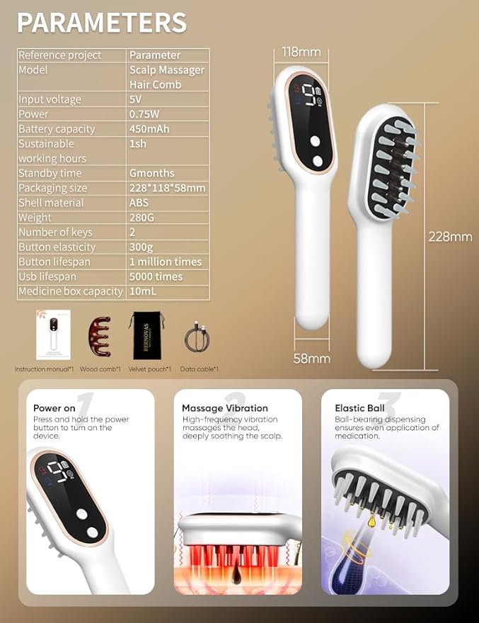 3-in-1 Electric Scalp Massager and Hair Oil Applicator - Red Light Therapy Brush for Deep Scalp Care Serum &amp Essential Oils - Premium Hair Care Gift Set