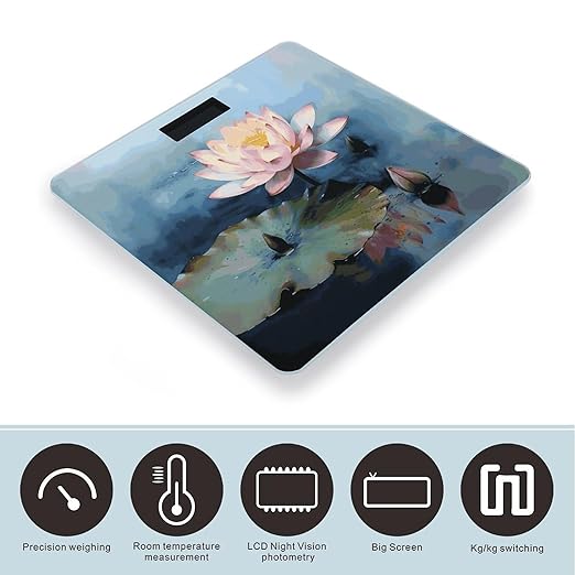 Lotus Flower Painting Scale with LCD Precision Weighing Scales Sturdy Tempered Glass Weight Scales Easy-to-Read Anti-Slip Weight Digital Bathroom Scale for Daily