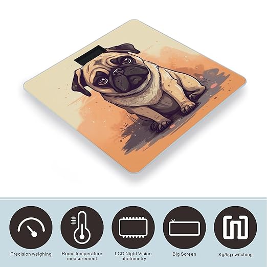 Pug Cartoon Bathroom Scale Large LCD Backlight Display Digital Scale Rounded Corners Body Scales Automatic Power On/Off Bathroom Scales for Home Bedrooms