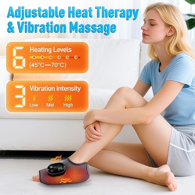 Ankle Massager3-in-1 Wearable Hot &amp Vibration Massager for Feet Ankles and Arms | Reusable Heating Pad Brace for Home Recovery (Grey)