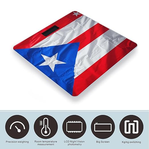 Puerto Rico Flag Scale for Body Weight Sturdy Tempered Glass Weighing Scales with LCD Display Accurate Digital Bathroom Scale Convenient Body Fat Smart Scales Easy Read