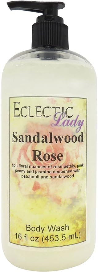 Eclectic Lady Liquid Pearl Body Wash - Sandalwood Rose Scent 3-in-1 Use For Bubble Bath Hand Soap &amp Body Wash Phthalate-Free Sandalwood Rose Fragrance Handcrafted in USA (16 oz)