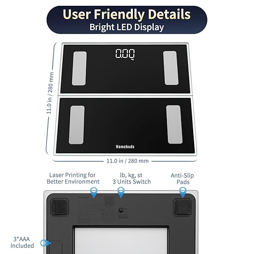 Homebuds Smart Bathroom Scale for Body Weight High Precision in 0.1lb Assured by Weight Scale Professional Factory SINCE 2001 App Sync 13 Body Composition Including BMI and Body Fat 400lb LED Black