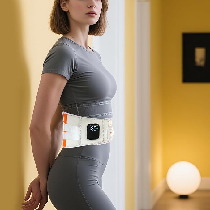 Heating Belt for Back Pain Portable Lower Back Massager 104-158℉ Grey Polyester 3-Speed Vibration LCD 1800mAh for Home Office Chronic Pain Relief