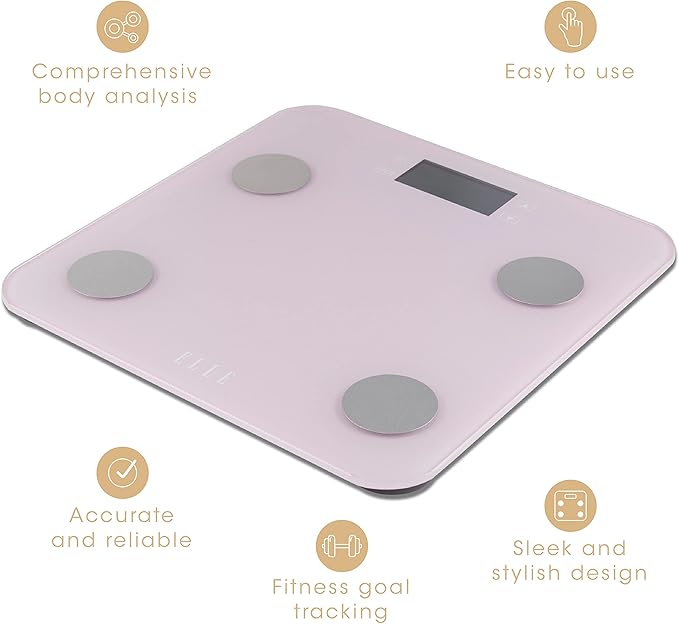 ELLE Digital Body Analysis Scale with BMI Body Fat Hydration Muscle Mass Bone Mass Calories and Weight Tracking Purple LCD Display Tempered Glass 400 lbs Capacity