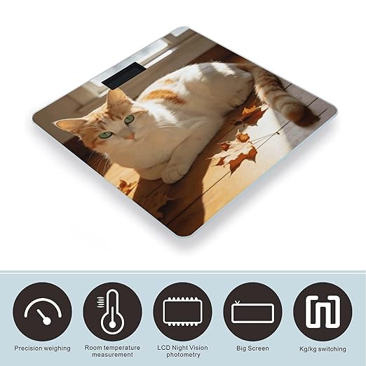 Beige Orange Cat Smart Scale for Body Weight Digital Bathroom Scale Toughened Glass Weight Scale with Large LCD Backlight Display High Precision Scales Weighing Machine