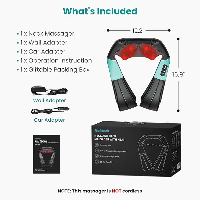 Nekteck Shiatsu Neck Massager with Heat for Pain Relief Deep Tissue 2026 Upgraded 3D Back Shoulder Kneading Massage Pillow Body Muscle Relaxation Tools Gifts for Him Her Blue (NOT Cordless)
