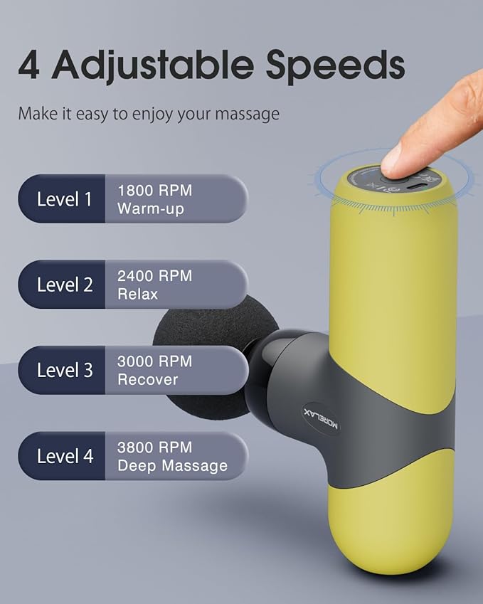 Morelax Mini Massage Gun Portable Deep Tissue Muscle Percussion Massager Electric Handheld Sport Massager with 6 Massage Heads 4 Speed Best Gift (Yellow)