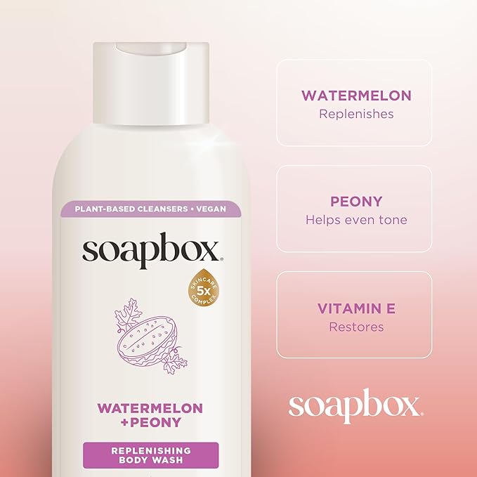 Soapbox Body Wash Watermelon + Peony Body Wash for Women Men Vegan &amp Antioxidant Rich Exfoliating Moisturizing Soap with Shea Butter Peptides &amp Keratin Promoting B3 3 Pack 20oz Each