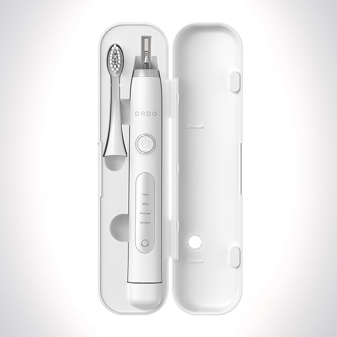 ORDO Sonic+ Electric Toothbrush with Case Sonic Toothbrushes for Adults Charging Travel Case 4 Brushing Modes Fast Rechargeable Battery Silicone Polishing USB Charger White