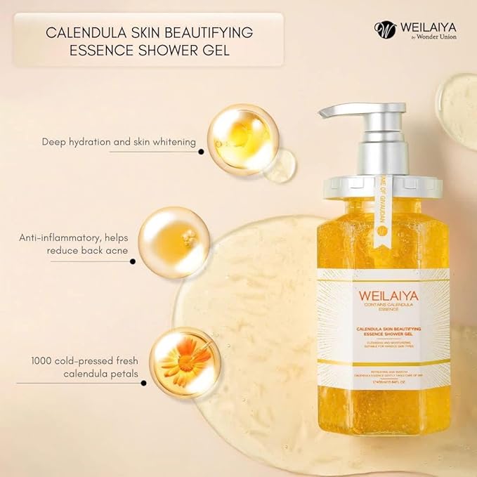 Weilaiya Calendula Shower Gel – 450mL / 15.2 fl oz – Soothing Body Wash for All Kinds of Skin Especially Sensitive Skin – Natural Calendula Extract Hydrating &amp Gentle Daily Anti Aging Cleanser