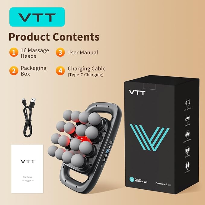 VTT 16 head massage gun deep tissue Percussion Muscle Massager with 16 Heads 3 Modes &amp 30 IntensitiesQuiet Handheld Massager for Back Neck Shoulder Legs Muscle Pain Relief