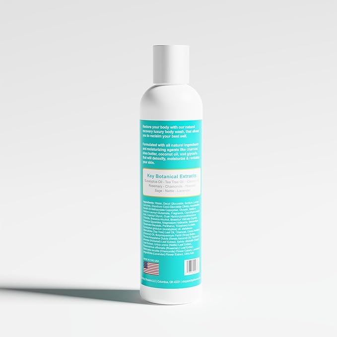 All Natural Recovery Body Wash - Revitalize and Rejuvenate with clean premium ingredients: Charcoal Shea Butter Eucalyptus Tea Tree Coconut Oil Rosemary Chamomile Sage
