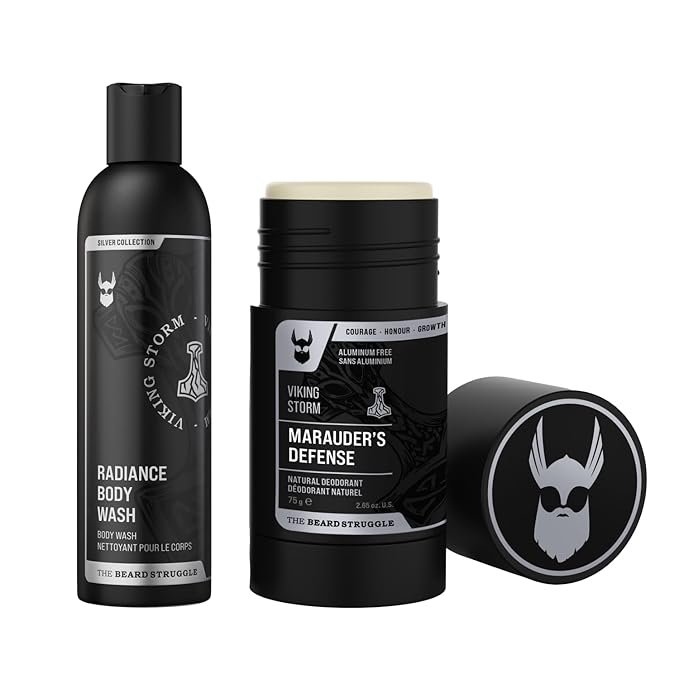 Men's Body Wash &amp Natural Deodorant Bundle by The Beard Struggle - Leaves Refreshed &amp Moisturized All Day Long - Silver Collection - Viking Storm