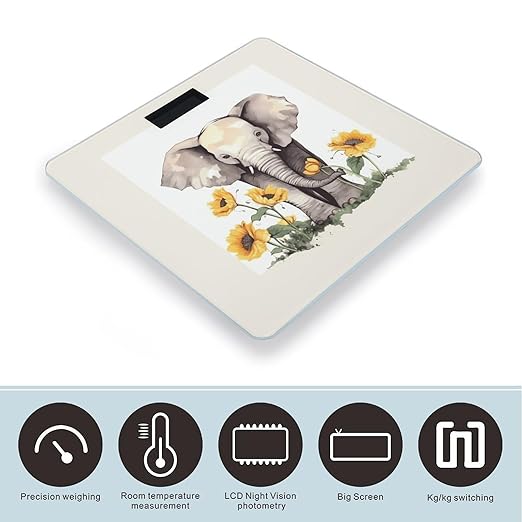 Elephant and Sunflower Bathroom Scale for Body Weight 400 Lb Weight Scale with High Precision Sensors Tempered Glass Highly Accurate Digital Weighing Machine for People