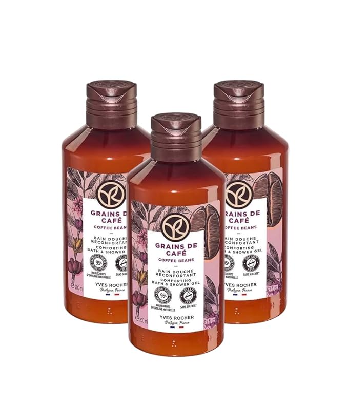 Yves Rocher Sensual Bath &amp Shower Gel with Coffee Beans Nourishing &amp Moisturizing Body Wash – Set of 3 Bottles Best Gift Kit for Women Men 200 ml/6.7 fl.oz