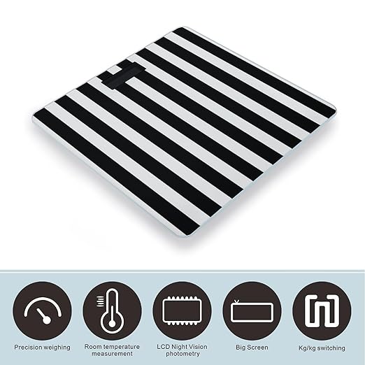 Black &amp White Stripe Scale with LCD Precision Weighing Scales Sturdy Tempered Glass Weight Scales Easy-to-Read Anti-Slip Weight Digital Bathroom Scale for Daily