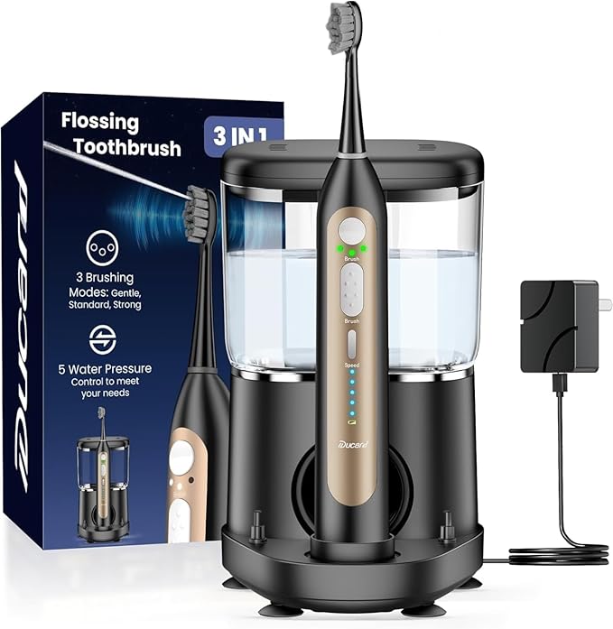 Electric Toothbrush with Water Flosser Upgrade Flossing Toothbrush Combo with 3 Brush 5 Floss Speeds&amp 3 Brush Modes 500mL Tank 30-Day Battery for Adults &amp Teens Gums Braces-Black