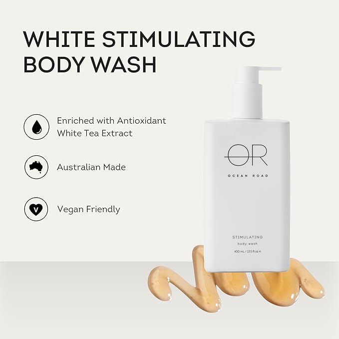 Ocean Road White Body Wash 13.5 fl oz - Gentle Hydrating Shower Gel with Antioxidant White Tea Extract – Ethically Sourced Vegan Australian Made Skincare for Healthy Radiant Skin