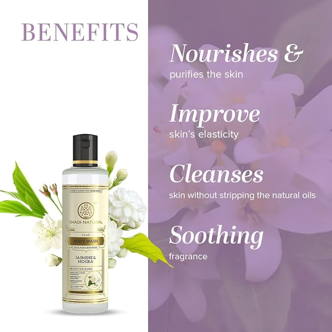 Khadi Natural Jasmine &amp Mongra Herbal Body Wash | Body Wash for Soft Skin | Hydrating Shower Gel with Pleasing Fragrance | SLS &amp Paraben Free | Suitable for All Skin Types | (210ml)