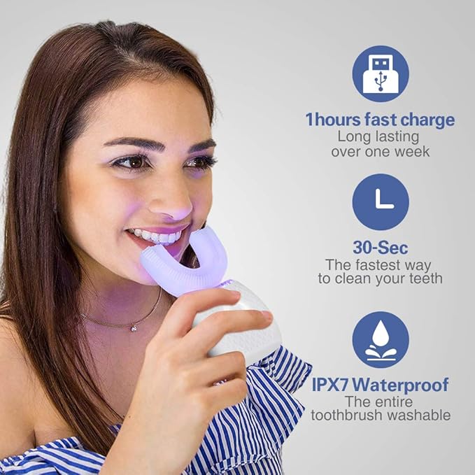 Ultrasonic Automatic Toothbrush Ultrasonic U-Shaped Toothbrushes for Adult 360° Mouth Cleaning Electric ToothBrush with Automatic Timer Wireless Charging Teethbrush Kit for Travel Or Home (White)