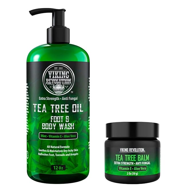 Viking Revolution Skin Cleaning Agent Tea Tree Kit for Men - Tea Tree Oil Set with Body Wash &amp Balm - Hydrating Helps Athlete's Foot Jock Itch Eczema &amp Body Odors - Extra Strength 2 Piece