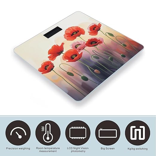 Watercolor Red Poppy Flowers Smart Scale for Body Weight Accurate Bathroom Scale with LED Display Digital Weight Scales Weighing Machine High Precision Scales for Bath Home