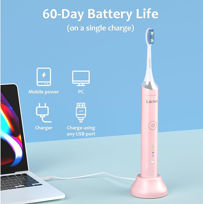 Lächen Electric Toothbrush for Adults – Sonic Rechargeable 5 Modes &amp Smart Timer Travel Case &amp Wireless Charging 4 Brush Heads IPX7 Waterproof (Pink)