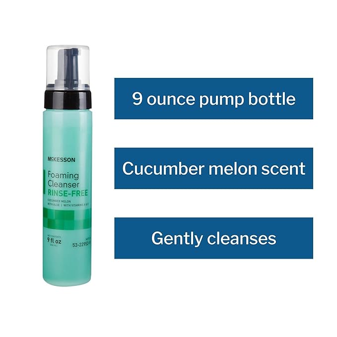 McKesson Rinse-Free Foam Cleanser with Aloe 9 oz [12 Count] Vitamin A and E - Body Wash &amp Shampoo for Elderly Hospital Grade Cucumber Melon
