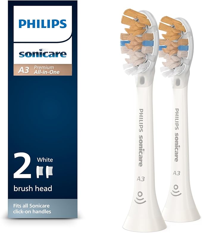 Philips Sonicare A3 Premium All-in-One Genuine Replacement Toothbrush Heads White 2 Pack HX9092/65