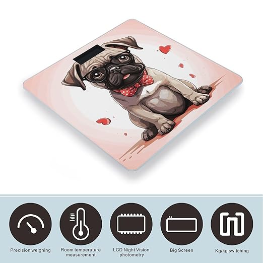 Cute Pug Puppy Weight Scale Digital Electronic Scales Bathroom Scale Larg LCD Backlight Display High Precision MeasurementsTempered Glass