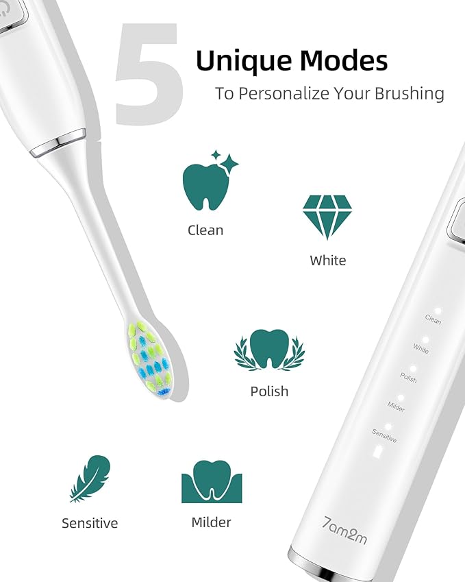 7AM2M Sonic Electric Toothbrush with 6 Brush Heads for Adults and Kids One Charge for 90 Days Wireless Fast Charge 5 Modes with 2 Minutes Built in Smart Timer Electric Toothbrushes (Black&ampWhit