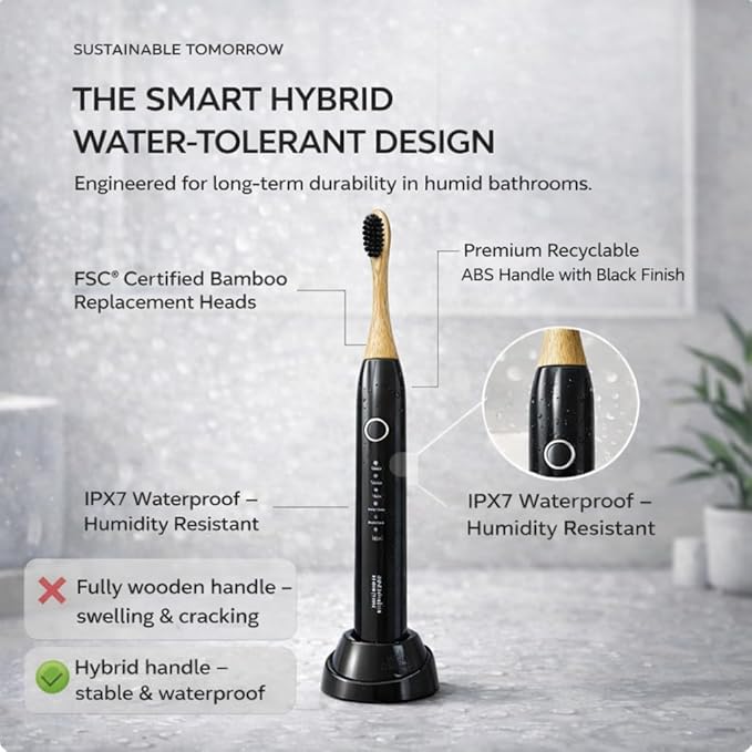 Sustainable Tomorrow Zen Bamboo Electric Toothbrush Durable Wood-Grain ABS Handle Rechargeable w/Plant-Based Soft Bristles Bamboo Heads 5 Modes &amp 30-Day Battery (Black)