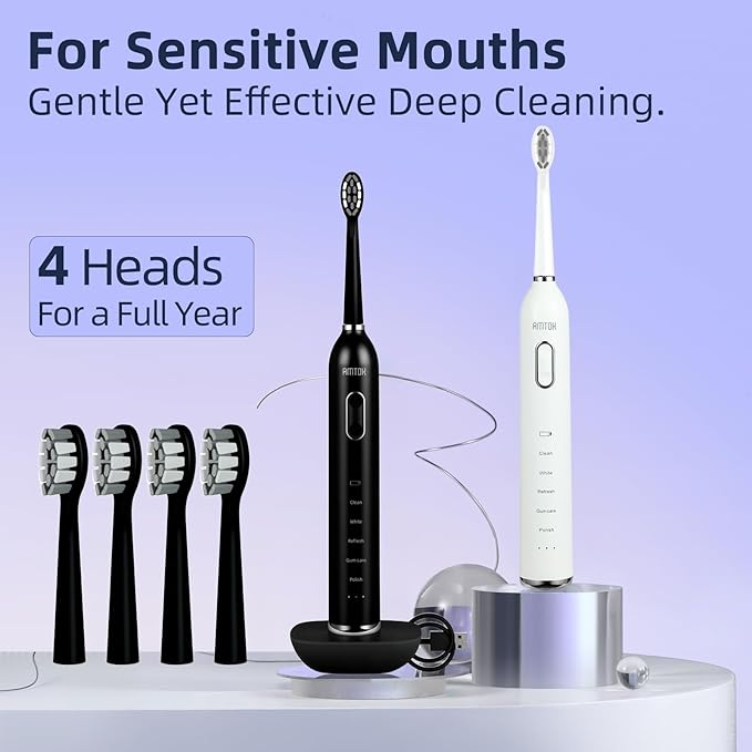 CWX Sonic Electric Toothbrush Wireless Fast Charging 5 Cleaning Modes 3 Intensity Settings 60 Days Battery Life 2 Min Smart Timer 4 Brush Heads &amp Travel Case IPX7 Waterproof
