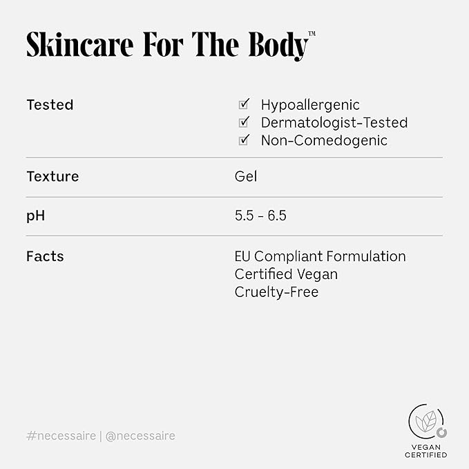 Nécessaire The Body Wash. Sandalwood. Multi-Vitamin Gel Cleanser. Nourish Soften. Hypoallergenic. Dermatologist-Tested. No SLS/SLES. 250 ml / 8.4 fl oz