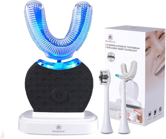 U-Shaped Ultrasonic Toothbrush for Teeth Whitening Automatic Electric Toothbrush for Adults 360-degree Cleaning Wireless Charging and IPX7 Waterproof Kit for Travel or Home(Black)