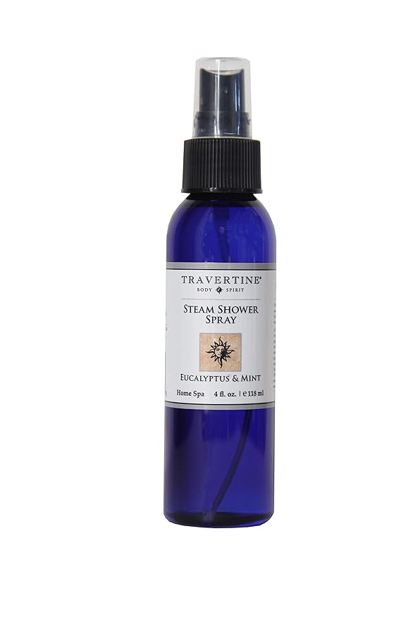 Travertine Spa Steam Shower Eucalyptus and Mint Spray for Sinus and Congestion Relief - 100% Natural Eucalyptus Oil Steam Room Spray 4 fl oz