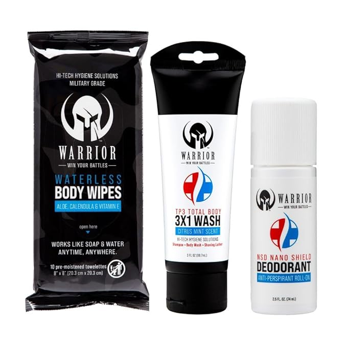 WARRIOR - WIN YOUR BATTLES- 3 in 1 Body Wash for Men &amp Women Travel Size Body Wash - 3 Oz | Nano Shield Antiperspirant Deodorant | Waterless Hypoallergenic Cleaning Wipes - 2.5 Oz