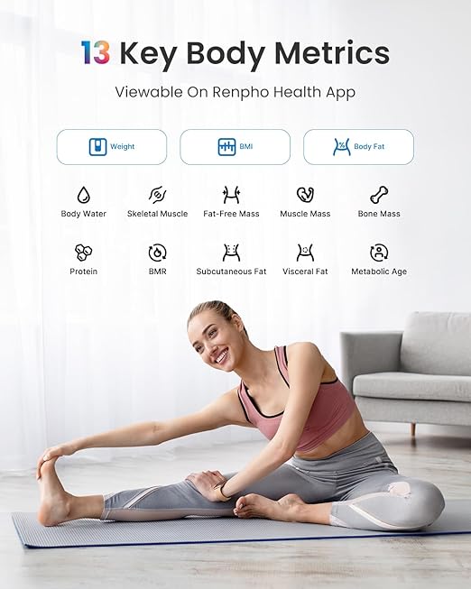 RENPHO Smart Body Fat Scale with Light Fitness Equipment with RGB Lighting Rechargeable Scale with BMI Body Fat Muscle Mass Color Changing with Weight Variation Elis Chroma