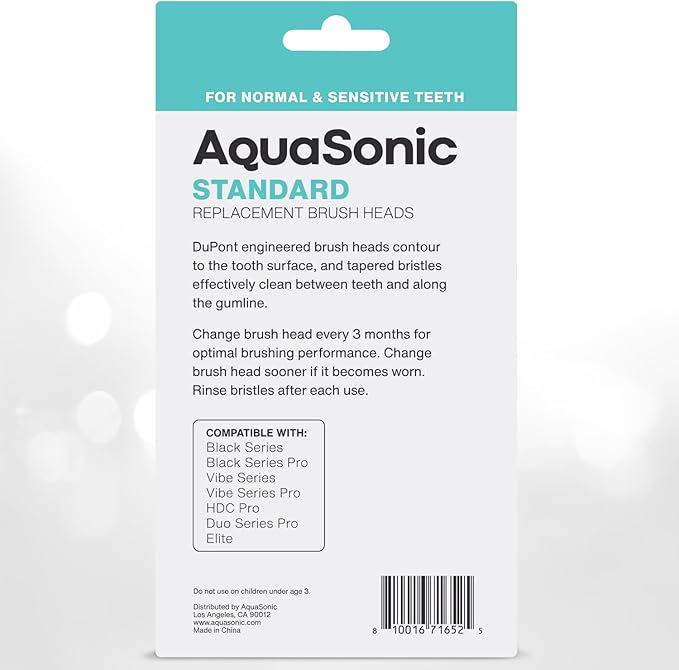 AquaSonic Genuine Standard Replacement Brush Heads | ADA Accepted | for Normal &amp Sensitive Teeth | Compatible with Many AquaSonic Toothbrush Handles (8 Pack White)