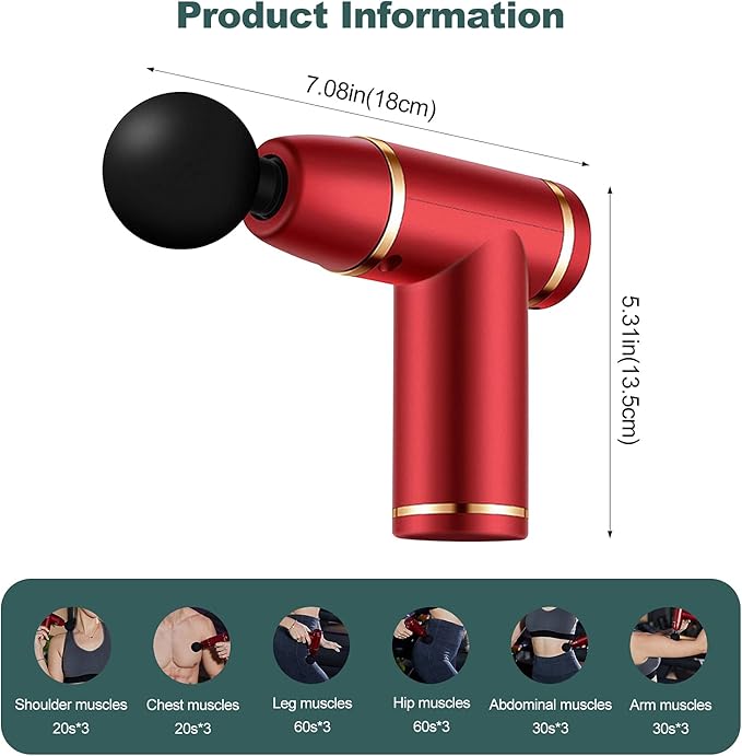 Ergocar Powerful Muscle Massage Gun Deep Tissue 6 Speeds Handheld Electric Body Massager with 4 Heads Super Quiet Fashion for Athletes Sedentary Office WorkerButton Style-Red Gold