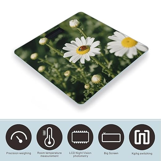 Chamomile Ladybug and Daisy Scale for Body Weight Sturdy Tempered Glass Weighing Scales with LCD Display Accurate Digital Bathroom Scale Convenient Body Fat Smart Scales Easy Read