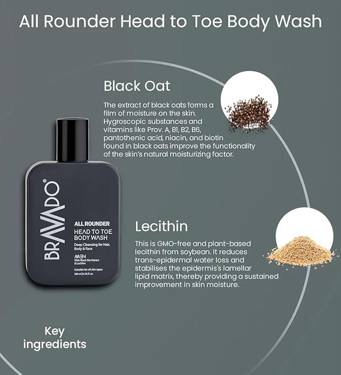 BRA.VADO All Rounder Head to Toe Body Wash | 3-in-1 Gentle Formula for Hair Body &amp Face | Deep Cleansing &amp Hydrating with Black Oat &amp Lecithin | Refreshing Toxin-Free Perfect for Daily