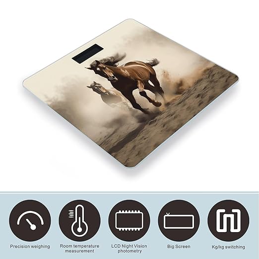 Animals Horse Running Bathroom Scale Large LCD Backlight Display Digital Scale Rounded Corners Body Scales Automatic Power On/Off Bathroom Scales for Home Bedrooms